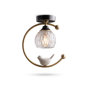 Ceramic Bird Brass Ceiling Light | Whimsical Glass Bud Flush Fixture – on a clean white background