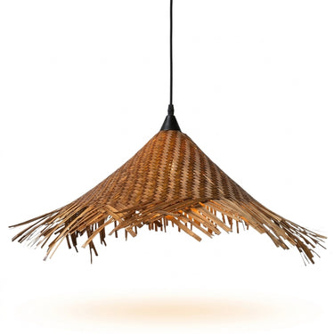 Fringed Bamboo Cone Pendant Light | Woven Chevron Hanging Lamp – on a clean white background