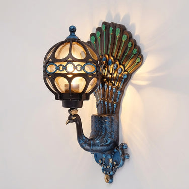 Peacock Outdoor Wall Sconce | Hand-Painted Aluminum and Glass Light – on a clean white background