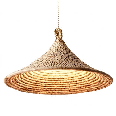 Spiral Rattan Cone Pendant Light | Handwoven Bamboo Hanging Lamp – on a clean white background