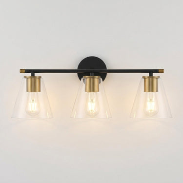 Three-Light Clear Glass Vanity Light | Black and Brass Bath Fixture – on a clean white background