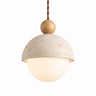 Travertine and Glass Globe Pendant Light | Stone and Wood Island Light – on a clean white background