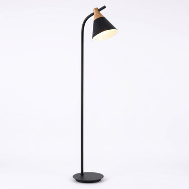 Wood-Accent Metal Cone Floor Lamp | Curved Nordic Standing Light – on a clean white background