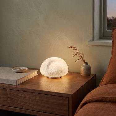 Alabaster Mini Cordless Table Lamp | Rechargeable Stone Accent Light – switched on in a room