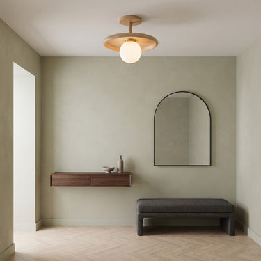 Ash Wood Glass Flush Mount Ceiling Light | Low-Profile Fixture – switched on in a room