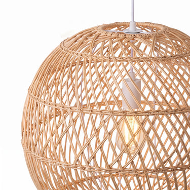 Banded Rattan Globe Pendant Light | Natural Woven Hanging Lamp – detail view
