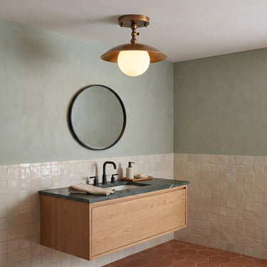 Brass Dome Semi-Flush Ceiling Light | Opal Glass or Alabaster Shade – switched on in a room