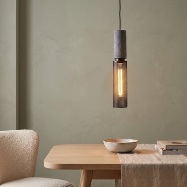 Cast Concrete Cylinder Pendant Light | Industrial Kitchen Island Light – switched on in a room