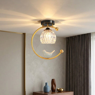 Ceramic Bird Brass Ceiling Light | Whimsical Glass Bud Flush Fixture – detail view