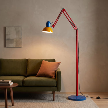 Color-Block Swing Arm Floor Lamp | Adjustable Retro Reading Light – switched on in a room