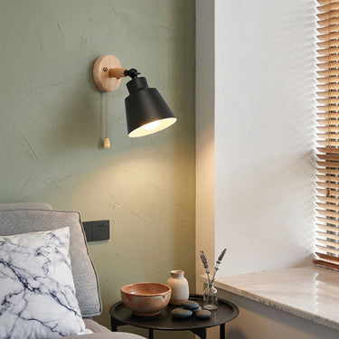 Cone Shade Wood Arm Wall Sconce | Pull-Chain Reading Light – detail view
