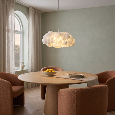 Cotton Cloud Pendant Light | Soft White Statement Hanging Lamp – switched on in a room