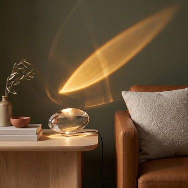 Crystal Glass Pebble Table Lamp | Plug-In Colored Glow Accent Lamp – switched on in a room