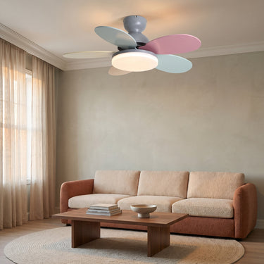 Curved Wood Blade Ceiling Fan Light | Quiet DC Fan with LED – switched on in a room