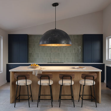 Extra-Large Metal Dome Pendant Light | Gold-Leaf Interior Kitchen Light – switched on in a room