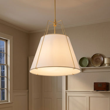 Fabric Drum Cage Pendant Light | Four-Light Brass Frame Chandelier – detail view