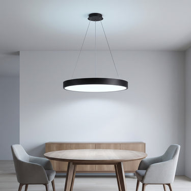 Floating Ring LED Pendant Light | Dimmable Round Hanging Fixture – switched on in a room