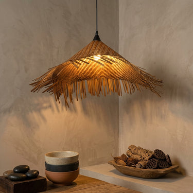 Fringed Bamboo Cone Pendant Light | Woven Chevron Hanging Lamp – detail view