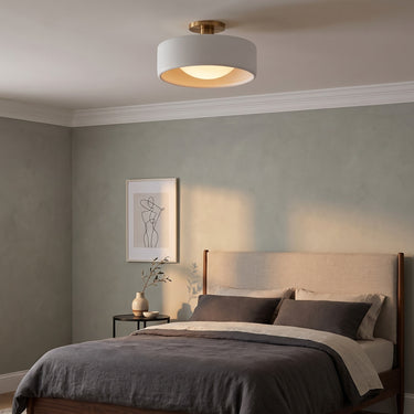 Glazed Porcelain Semi-Flush Ceiling Light | Modern Colored Dome Fixture – switched on in a room