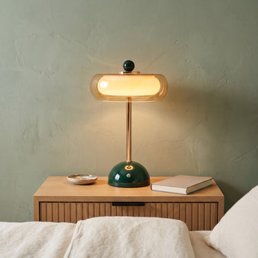 Green Dome Cordless Table Lamp | Rechargeable Retro Accent Light – switched on in a room