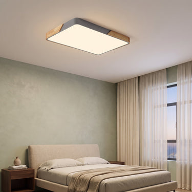 Large Rectangular Wood-Frame Flush Mount Light | Low-Profile LED Ceiling – switched on in a room