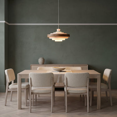 Layered Metal Drum Pendant Light | Wood Band Kitchen Island Light – switched on in a room