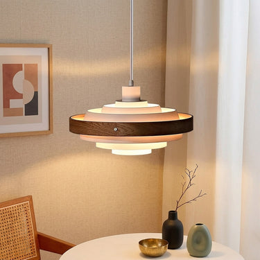 Layered Metal Drum Pendant Light | Wood Band Kitchen Island Light – detail view