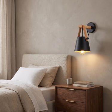 Leather Strap Cone Wall Sconce | Wood and Metal Accent Light – switched on in a room