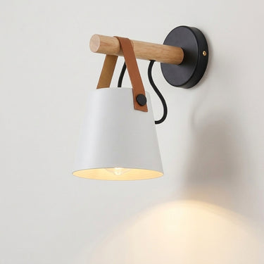Leather Strap Cone Wall Sconce | Wood and Metal Accent Light – White