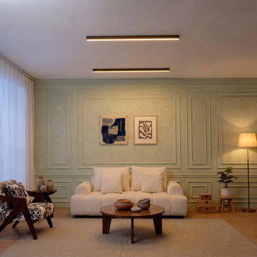 Long Wood-Look Linear Ceiling Light | Slim Bar with Remote Dimming – detail view