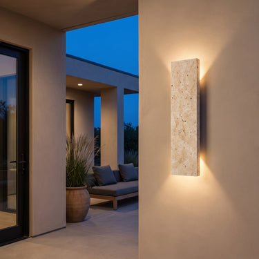 Natural Stone Wall Light | Dimmable LED Indoor-Outdoor Sconce – switched on in a room