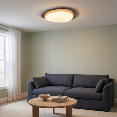 Organic Wood-Grain Flush Mount Ceiling Light | Slim Dimmable LED – switched on in a room