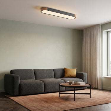 Oval Wood Flush Mount Ceiling Light | Dimmable Slim LED Fixture – switched on in a room