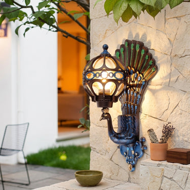 Peacock Outdoor Wall Sconce | Hand-Painted Aluminum and Glass Light – detail view