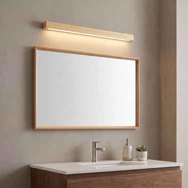 Pine Wood Linear Wall Light | Dimmable Wall or Ceiling LED Bar – switched on in a room