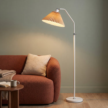 Pleated Fabric Gooseneck Floor Lamp | Slim Modern Reading Light – switched on in a room