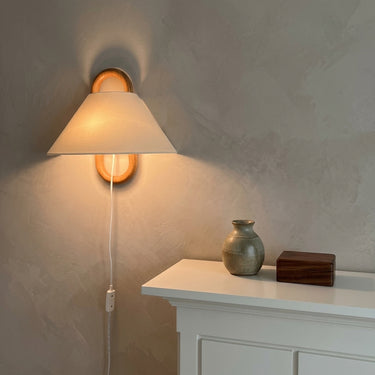 Pleated Fabric Half-Moon Wall Sconce | Wood Plug-In or Hardwired Light – detail view