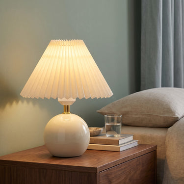Pleated Paper Ceramic Table Lamp | Japanese-Style Bedside Light – switched on in a room
