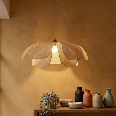 Rattan Petal Pendant Light | Handwoven Layered Shade in Five Sizes – detail view