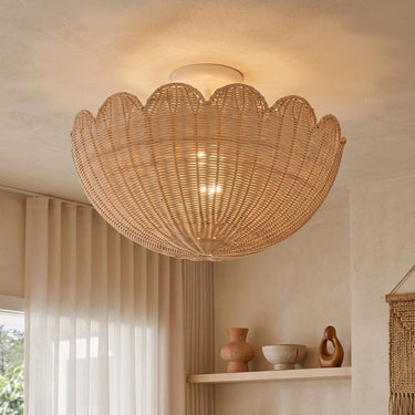 Scalloped Rattan Flush Mount Ceiling Light | Woven Shell Fixture – detail view