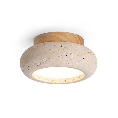 Small Travertine Disc Ceiling Light | Compact Wood and Stone LED – on a clean white background