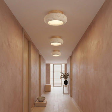 Small Travertine Disc Ceiling Light | Compact Wood and Stone LED – detail view