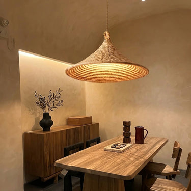 Spiral Rattan Cone Pendant Light | Handwoven Bamboo Hanging Lamp – detail view