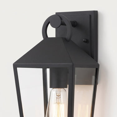 Tapered Glass Lantern Outdoor Wall Light | Classic Matte Black Porch Light – detail view