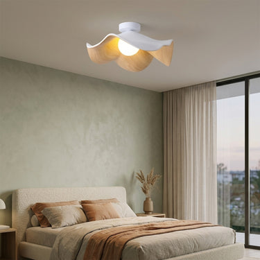 Textured Glass Flush Mount Ceiling Light | Wood-Grain Dimmable Fixture – switched on in a room