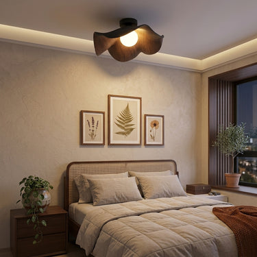 Textured Glass Flush Mount Ceiling Light | Wood-Grain Dimmable Fixture – detail view