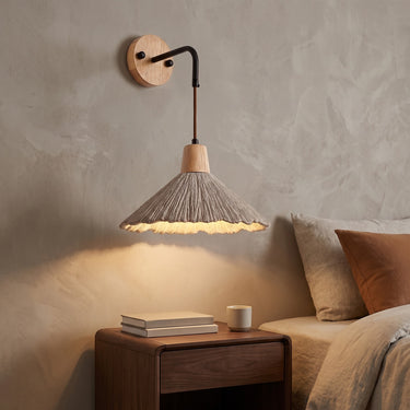 Textured Wood Wall Sconce | Natural Mid-Century Wall Light – switched on in a room