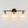 Three-Light Clear Glass Vanity Light | Black and Brass Bath Fixture – on a clean white background