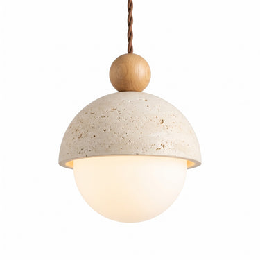 Travertine and Glass Globe Pendant Light | Stone and Wood Island Light – on a clean white background