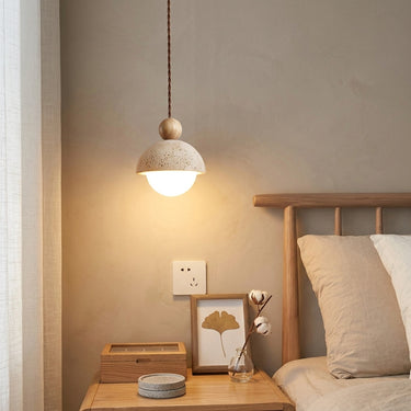Travertine and Glass Globe Pendant Light | Stone and Wood Island Light – detail view
